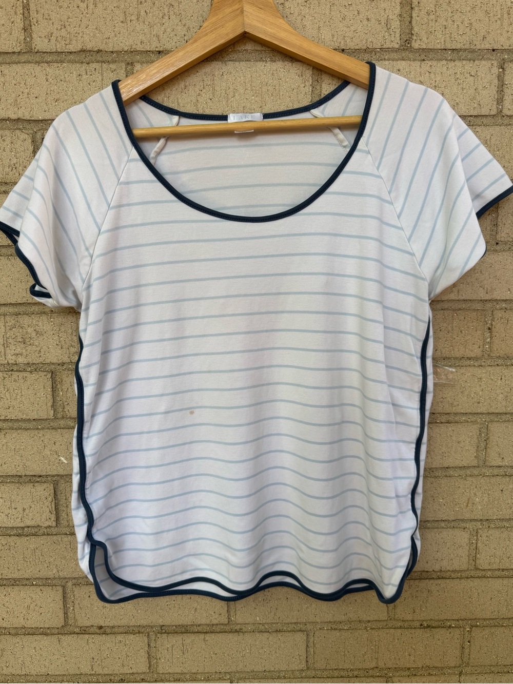 Lake Pajama Pima Cotton White Light Blue Navy Striped Scoop Neck Medium